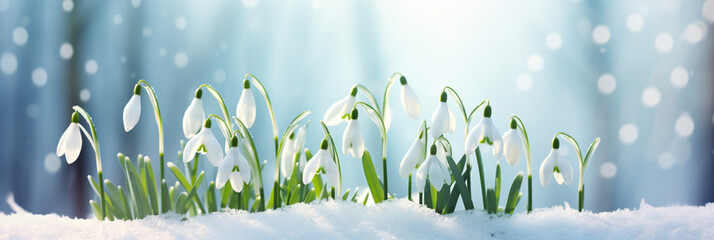 The spring banner,the first delicate snowdrops bloomed,breaking through the snow,symbolizing the beginning of a new stage,the concept of spring materials,renewal and awakening