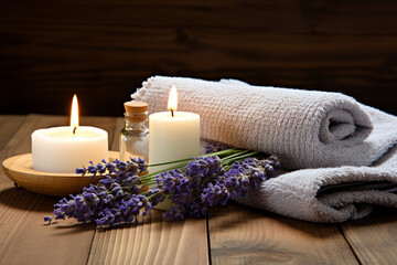 Fototapeta na wymiar relaxing aromatherapy,still life of folded towels,candles and lavender twigs,on a wooden base,the concept of the spa industry