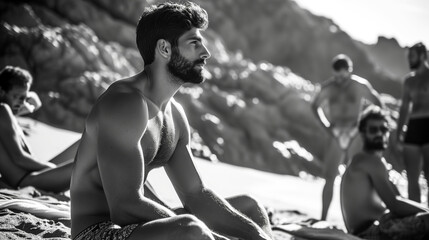 Black and white documentary style photography of a bearded, musuclar man sitting on a towel on a crowded beach, looking into the distance.