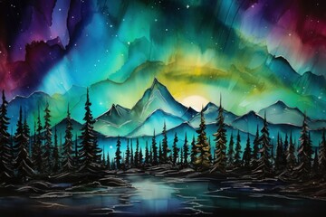  a painting of a mountain landscape with a lake and trees in the foreground and an aurora bore in the background with stars and a full moon in the sky.