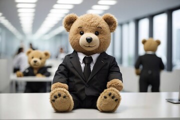 tedy-bear in a suit placed on the office table, embodying the idea of a supportive and cheerful office companion, desk companion