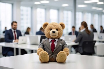 suited tedy-bear displayed on a white office background, symbolizing comfort and positivity in the work atmosphere, office mascot