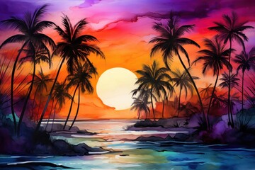 Fototapeta na wymiar a painting of a sunset with palm trees in the foreground and a body of water in the foreground, with a bright orange and purple sky in the background.