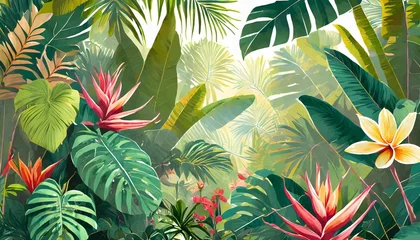 Poster tropical nature landscape jungle with exotic tropical plants flowers and leaves drawn jungle illustration design for card postcard wallpaper fresco mural textile © Wendy