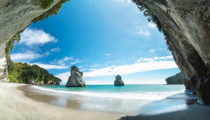 cathedral cove beautiful beach with rocks in new zealand