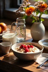 Traditional breakfast - oatmeal porridge with berries in ceramic bowl.