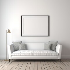 Bright interior of living room with white sofa and pillows near the wall with blank frame and golden floor lamp