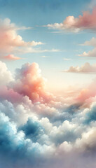 A background featuring abstract clouds in the sky with either a sun or sunset landscape, created using a watercolor technique to achieve a soft, light background.