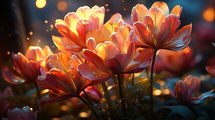 Tulip pink flower sunset or sunrise sky yellow light on golden hours