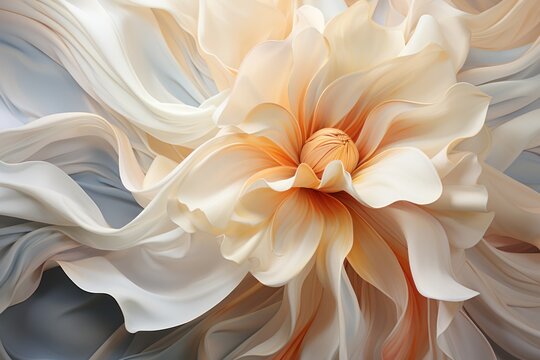  a painting of a white and orange flower on a blue and gray background with a white and orange flower in the middle of the image and a white and orange flower in the middle of the middle of the.