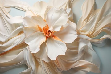  a close up of a white flower on a light blue background with a white and orange swirl in the center of the flower and the center of the flower is an orange center of the petals.