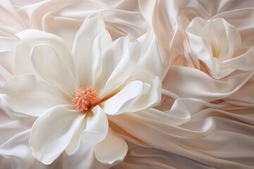  a large white flower sitting on top of a pile of white sheets of a sheet of white satin on top of a bed sheet of white sheets with a flower in the center of the middle.