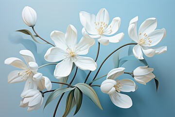  a bouquet of white flowers with green leaves on a blue background with a shadow of the flowers on the left side of the picture and the center of the image.