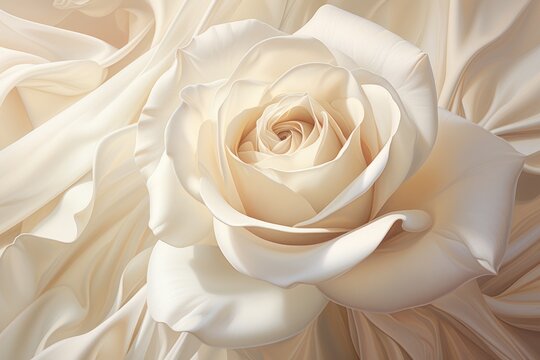  a close up of a white rose in the middle of a flower petals, with a soft, flowing fabric in the background to the foreground of the image.