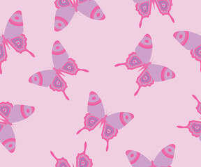 Y2k seamless pattern with butterfly. Vector background in trendy retro 2000s style.Pink Color