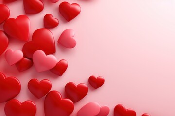  a lot of red hearts floating in the air on a pink background with a place for a text or an image to put on a greeting card or for valentine's day.