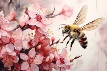 Fotobehang  a painting of a bee sitting on a branch of a tree with pink flowers in the foreground and a background of white and pink flowers in the foreground. © Shanti