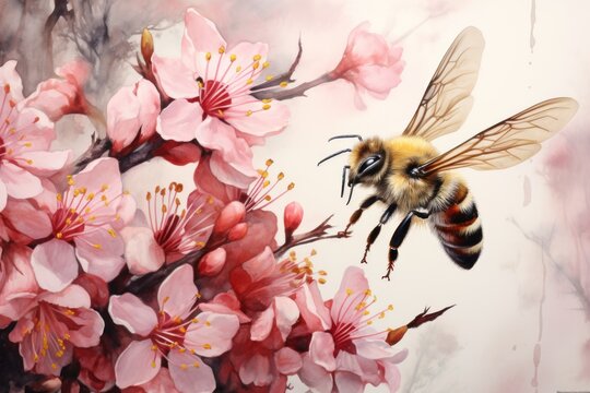  a painting of a bee sitting on a branch of a tree with pink flowers in the foreground and a background of white and pink flowers in the foreground.
