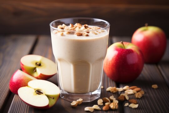  a glass of milk, nuts, and apples on a table with a few pieces of the milk in front of it and a few pieces of the milk in front of the glass.
