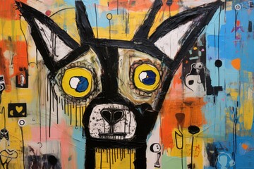  a painting of a dog's face with yellow eyes and a black and white dog's head is painted on a multicolored background of yellow, blue, red, orange, blue, yellow, green, and black, and white