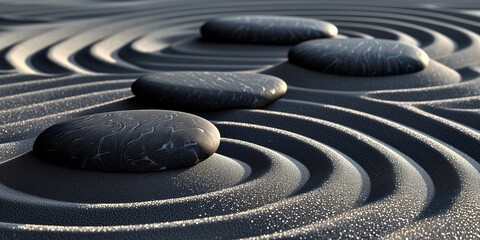 Fototapeta na wymiar Grey, Black smooth stones laid on the sand with a pattern of waves. Zen. Meditation. Concept balance, peace, calm, harmony. Minimalism. Relax. Natural background. Copy space. Ai art