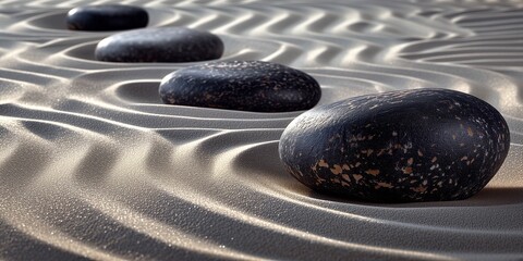 Grey, Black smooth stones laid on the sand with a pattern of waves. Zen. Meditation. Concept balance, peace, calm, harmony. Minimalism. Relax. Natural background. Copy space. Ai art