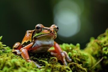 Orange frog sitting on moss.