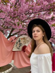 woman next to cherry blossom