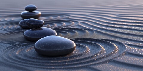 Grey, Black smooth stones laid on the sand with a pattern of waves. Zen. Meditation. Concept balance, peace, calm, harmony. Minimalism. Relax. Natural background. Copy space. Ai art