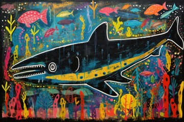 a painting of a black and yellow shark surrounded by corals and other colorful fish on a black background with blue, yellow, red, orange, yellow, and green, and pink colors.