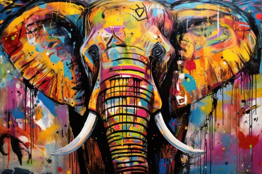  a painting of an elephant with colorful paint splatches on it's face and tusks on it's trunk, with a blue sky background.