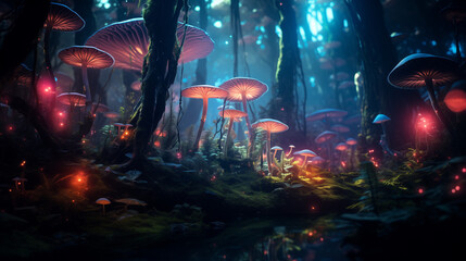 Mystical forest at dawn with colorfull mushrooms 