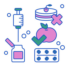 Obraz premium Five icons dedicated to the topic of diabetes. Image of cake as a forbidden product; the image of the apple as a useful product; image of medicine elements.