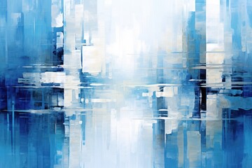  a painting of a blue and white cityscape with a reflection of the sky on the water in the middle of the image is a blue and white background.