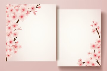Two blank sheets of paper with cherry blossoms around them