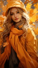 portrait of a beautiful blonde woman in a yellow raincoat and scarf, surrounded by autumn leaves