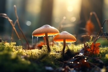  a group of mushrooms sitting on top of a lush green forest covered in lots of lichen and moss covered in sunbeams, with bright beams of light shining through the trees in the background. - obrazy, fototapety, plakaty