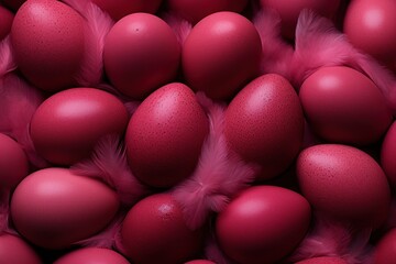  a pile of red eggs with feathers in the middle of the egg, with one egg in the middle of the egg, and one egg in the middle of the egg in the middle of the egg.