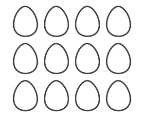 Easter eggs template. 12 eggs. Stencils for children. Cut out shapes. Blank egg set samples for cutting out and drawing inside. Vector illustration in bold line style isolated on white background. 