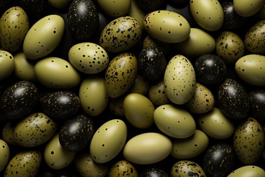  a pile of green and black eggs with speckles on them and one egg in the middle of the pile of black and green eggs with speckles on top of them.