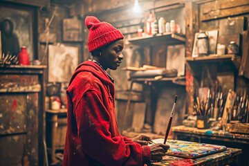 A young African artist in a red beanie focuses on his painting in a rustic workshop filled with art supplies.