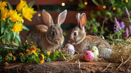 Fototapeta na wymiar Spring Easter card with cute bunnies