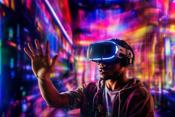 Black man in VR headset exploring metaverse world, touching virtual reality subjects