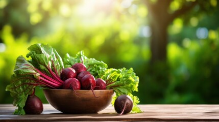  a bowl of radishes and lettuce sitting on a wooden table in front of a blurry background of trees and a wooden table with a bowl of radishes in the foreground. - obrazy, fototapety, plakaty