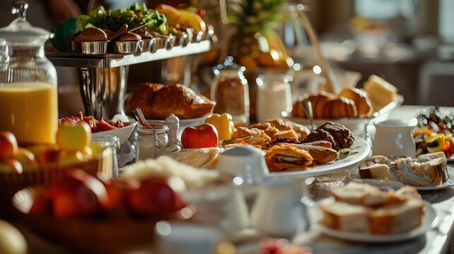  a buffet table filled with a variety of pastries and desserts and a pitcher of orange juice and a pitcher of orange juice and a glass of orange juice.
