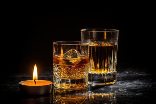  two glasses of whiskey and a lit candle on a black table with a reflection of a candle in the glass and a lit candle in the middle of the glass.