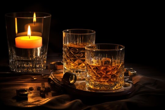  two glasses of whiskey and a lit candle on a tray with other glasses and a bottle of whiskey on a tablecloth with a candle on the side of the table.