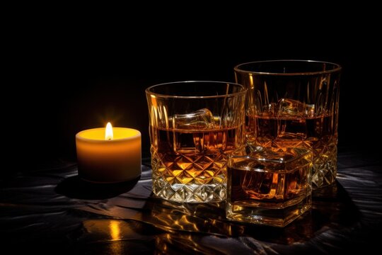  two glasses of whiskey and a lit candle on a black tablecloth with a reflection of a candle in the glass and a lit candle in the middle of the glass.