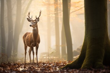  a deer standing in the middle of a forest with lots of leaves on the ground and trees and leaves on the ground in front of the deer's head.
