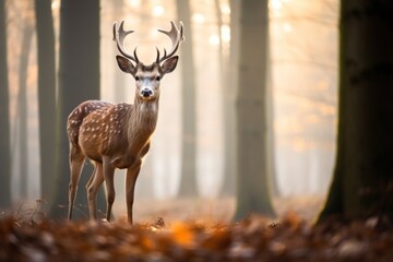  a deer standing in the middle of a forest with lots of leaves on the ground and a light shining through the trees on the other side of the picture is a blurry background.